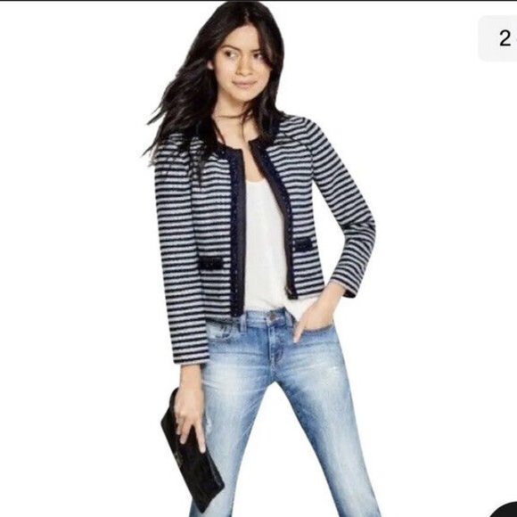 J. Crew Suiting Navy Striped Tweed Zip Front Cropped Jacket